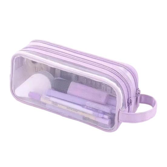 Transparent Mesh Pencil Case Large Capacity Double Layer Pen Bag for Students Lightweight Stationery Pouch for School Office Exams