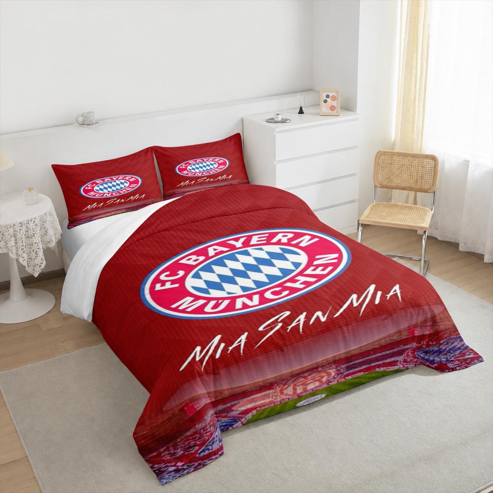 FC Bayern München Wappen Rotes Bettwäscheset (1 Bettbezug, 2 Kissenbezüge, Bettdecke nicht enthalten) für Wohnzimmer Fan Cave Dekoration, Mia San Mia Fußball Kunstdruck