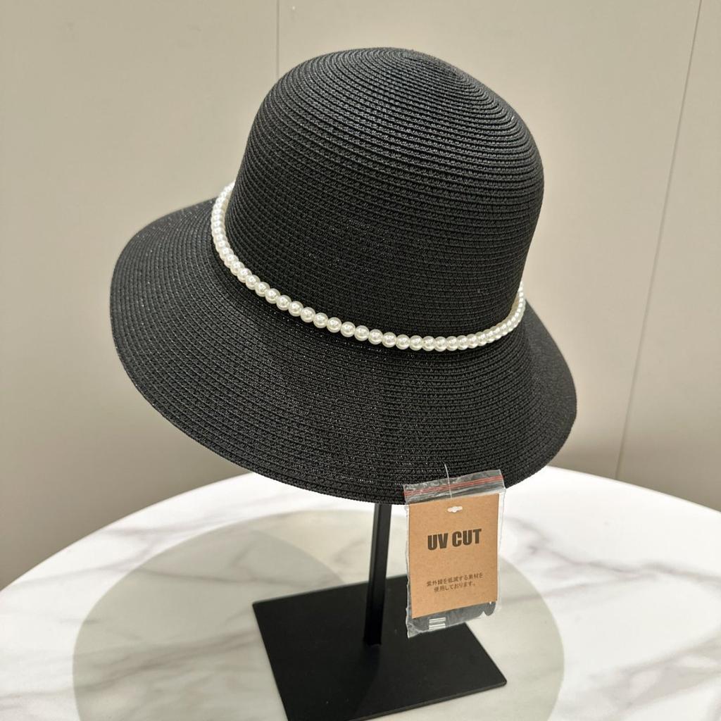 French Style Retro Pearl Chain Flat Top Elegant Straw Hat Sunshade Spring And Summer Big Eaves Hat Top Hat Women'S Beach Hat