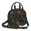 Florals Birds Black Insulated Lunch Bag Reusable Thermal Cooler Bento Tote with Detachable Shoulder Strap for Work Picnic Travel