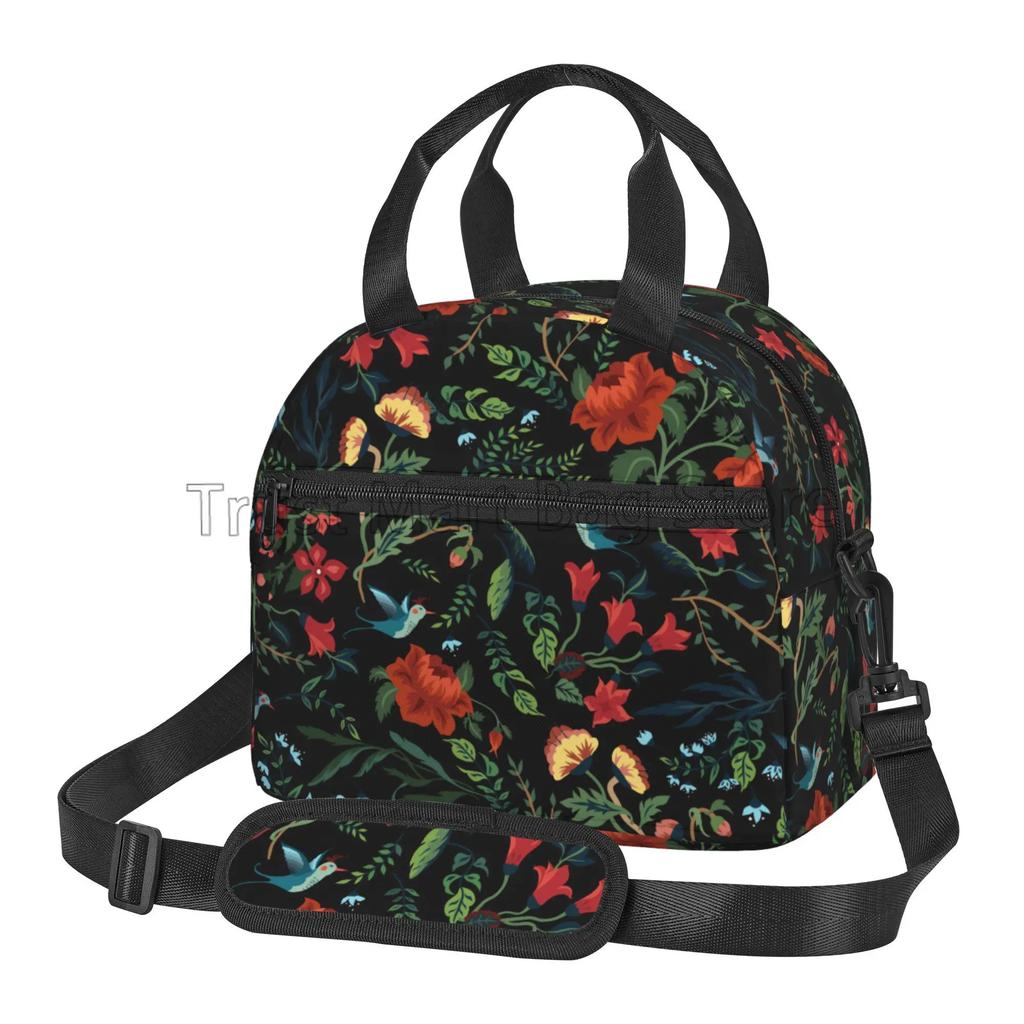 Florals Birds Black Insulated Lunch Bag Reusable Thermal Cooler Bento Tote with Detachable Shoulder Strap for Work Picnic Travel
