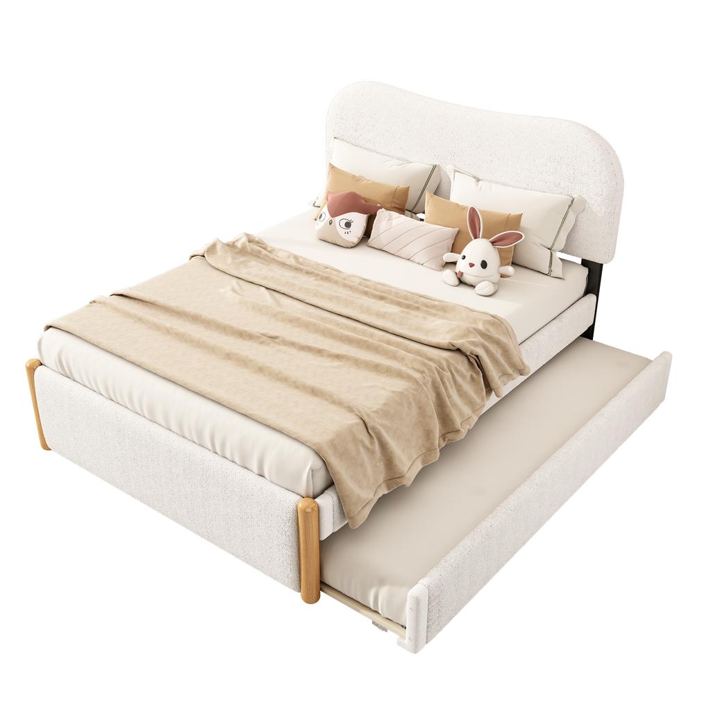 Letto piatto 140*200 cm, imbottito, con pratico letto estraibile su ruote, design minimalista, bianco