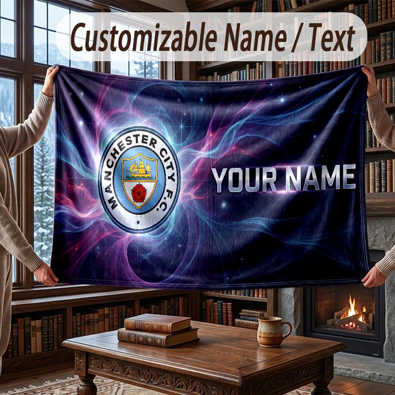 Custom Name Flannel Throw Blanket Manchester City Pattern Warm Home Decoration