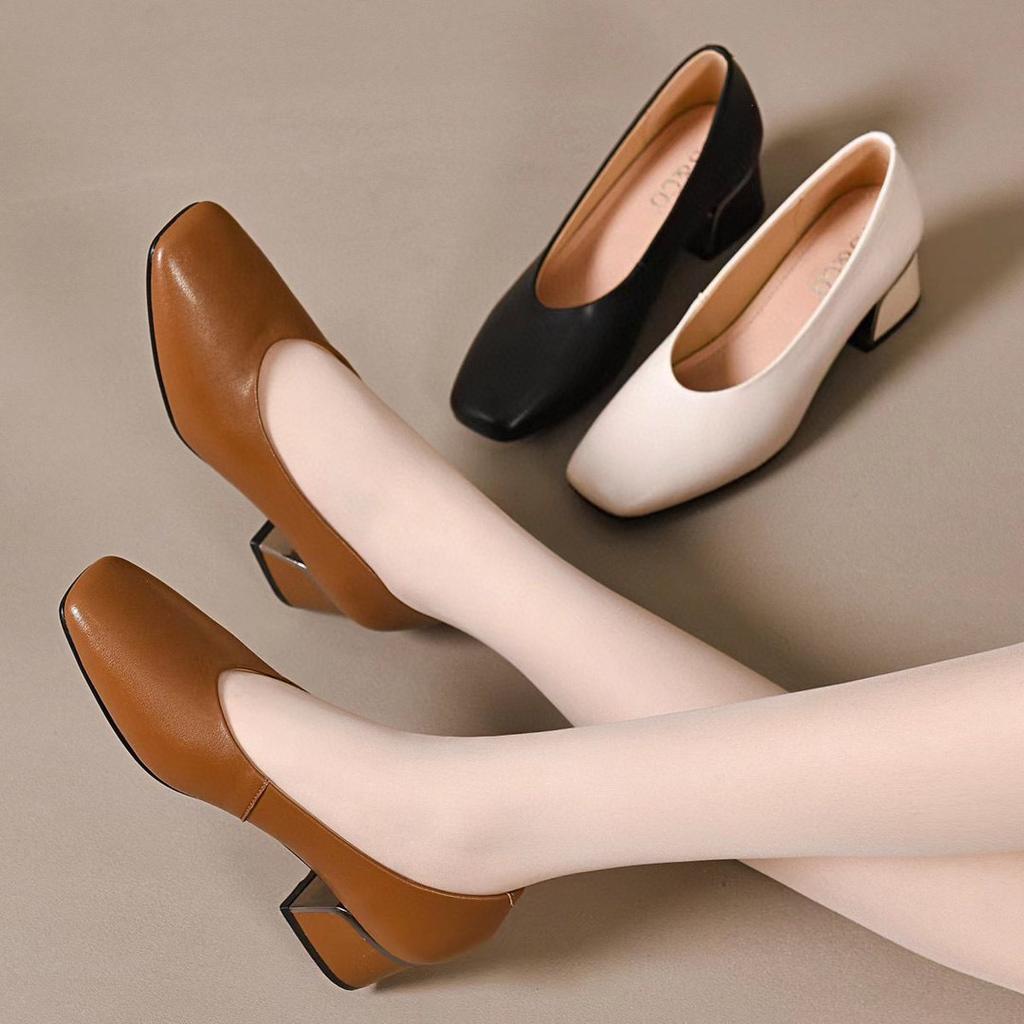 Spring and Summer Models Square Head Thick with Shallow Mouth Women's Shoes Head Cowhide Simple Temperament Work Shoes