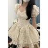 Ezgaga vestidos femininos floral com decote em v manga puff moda coreana slin sexy mini vestido de baile inchado senhoras elegantes