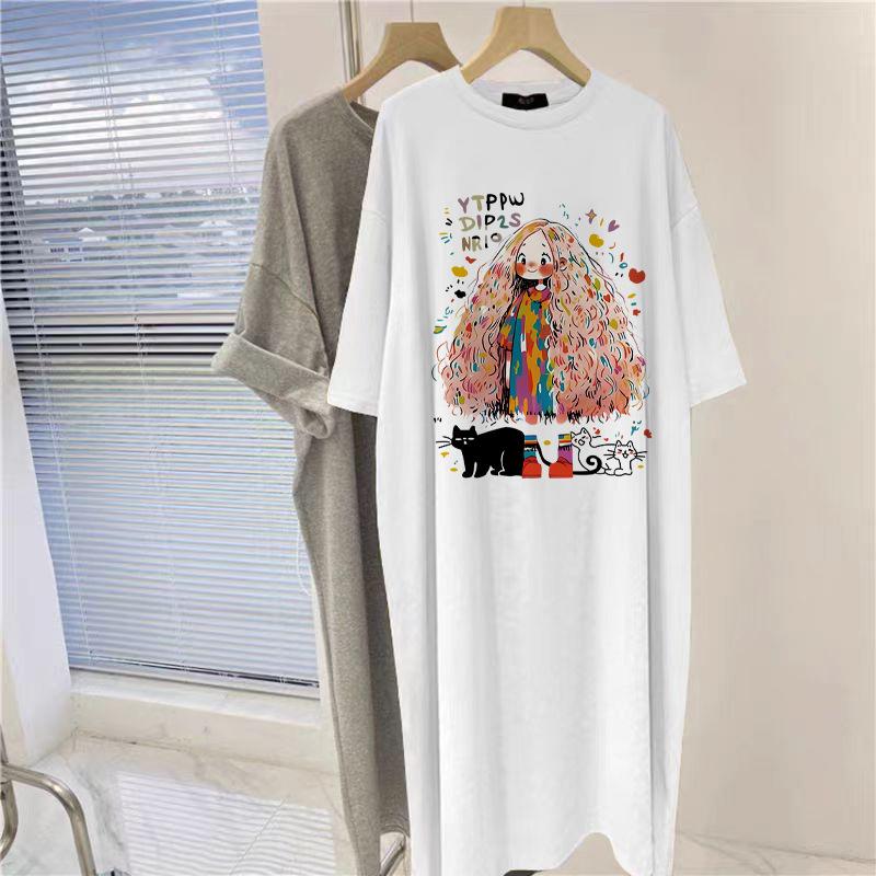Dames trendy merk jurk met korte mouwen in grote maat zomer los katoenen T-shirt rok over de knie dik meisje temperament dunne lange jurk XXL white