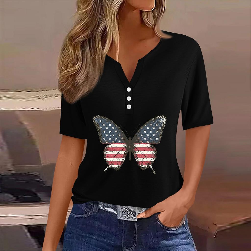 Women's T Shirt Tee Independence Day Print Button Short Sleeve Daily Weekend Fashion Basic V-Neck Regular Top