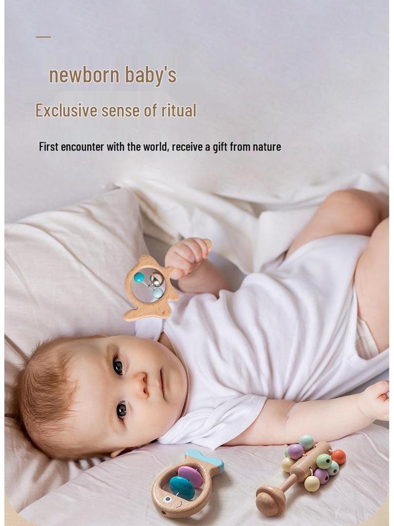 Colorful Wooden Baby Rattle Set: 5-Piece Musical Crib Mobile for Early Education and Soothing