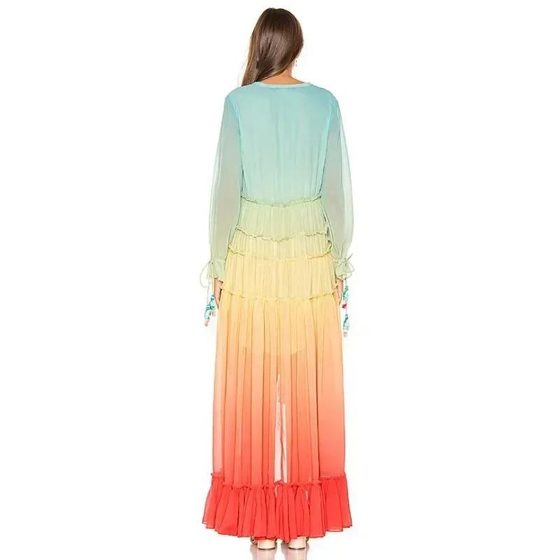 Women's Deep V-long Sleeved  Bohemian Dress Summer Printing Gradient Elegant Maxi Dress Patchwork Rainbow Color Party Dress Ruffles Sweet Vestidos