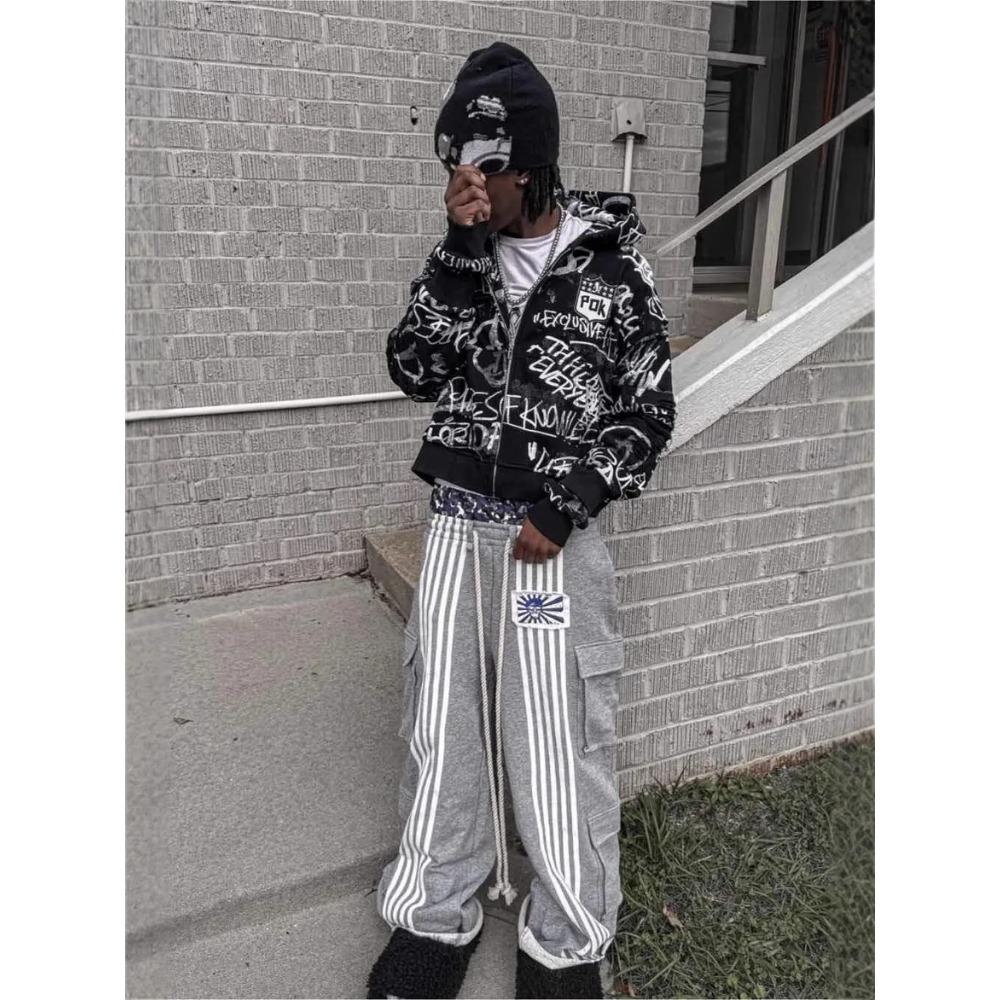 ZYLLO American Retro High Street Tooling Doppelte Taille Sweatpants Blatt Camouflage Schwerindustrie Gestreift Locker Weitbeinige Hose Europa