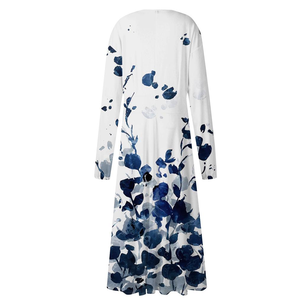 Women's And Winter Casual Fashion V-neck Long Sleeve Print Long Dress