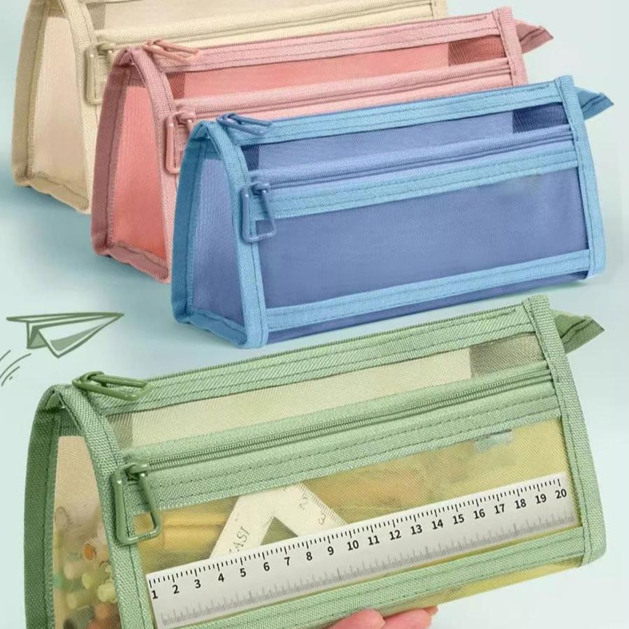 Double Layer Transparent Mesh Large Capacity Pen Bag Exam Special New Mesh Simple Double Layer High-Quality Aesthetic Pencil Storage Bag