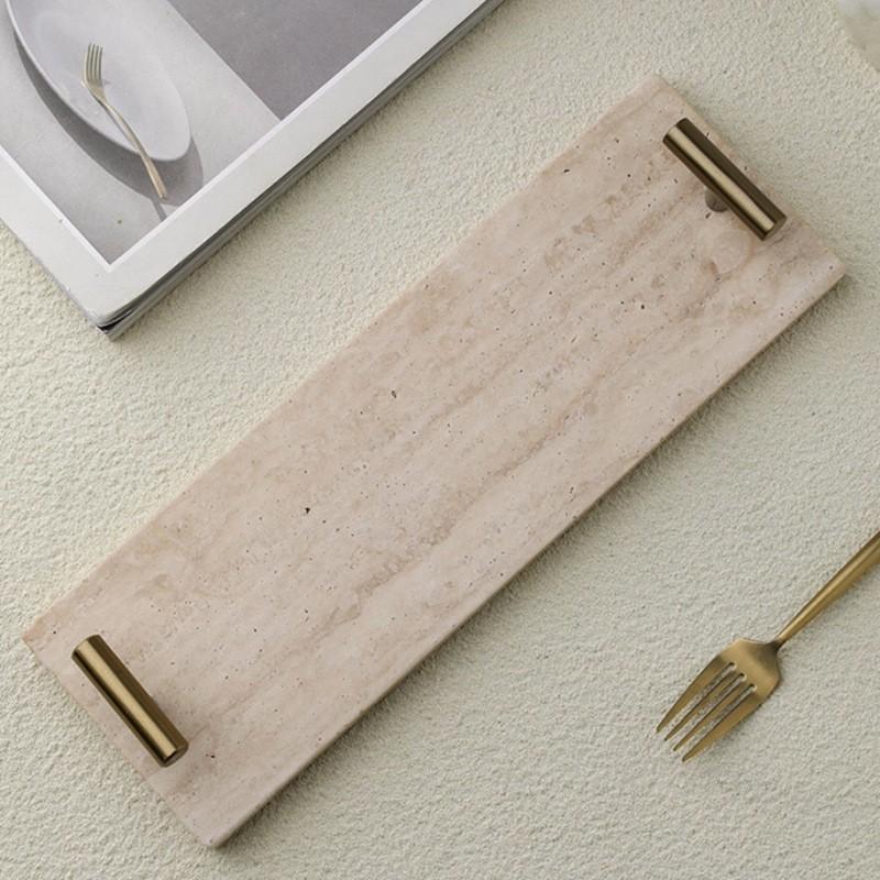 Naturlig Travertin Stenbakke Smykker Kosmetik Display Minimalistisk Boligindretning T-formet Marmor Serveringsfad