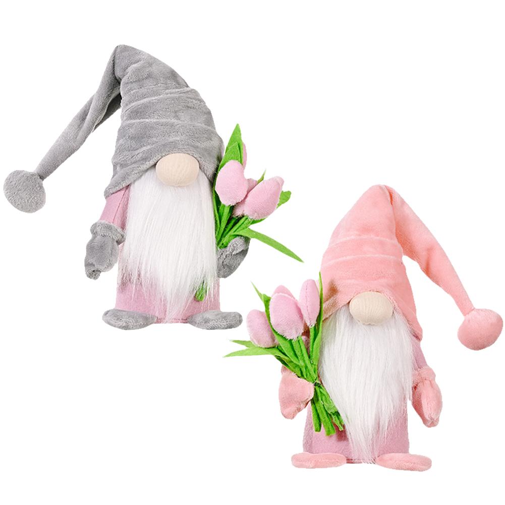 

2Pcs Old Man Dwarf Decor Holding Tulip Mini Gnomes Figure Creative Plush Faceless Dwarf Ornament Mother Day Home Decor