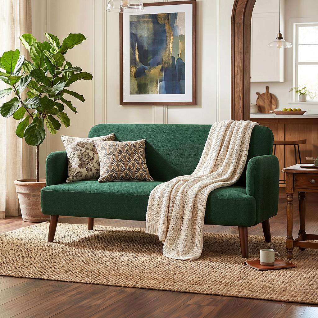 Velvet Feel Fabric 2 Seater Sofa, Small Sofa Loveseat with 21cm Thick Padding and Wood Legs, Dark Green