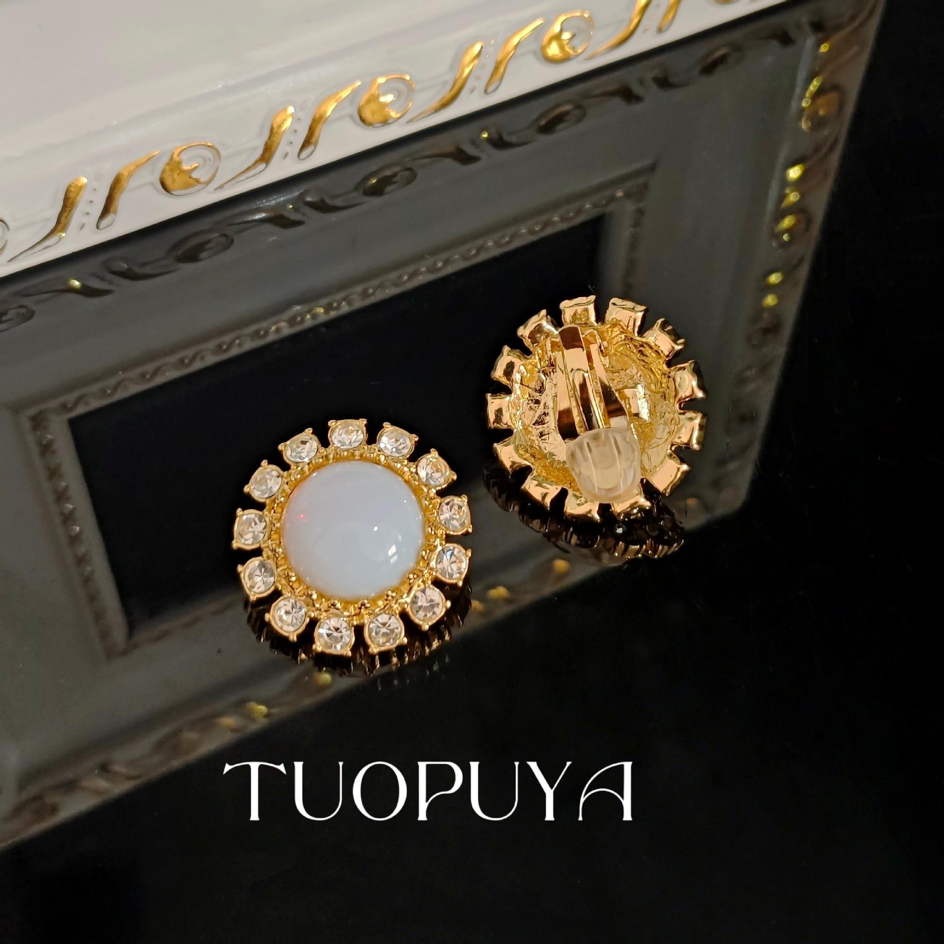 Gold-Plated Opal Sunflower Ear Cuff with Diamond Inlay - Retro Elegant Earring for Daily Wear