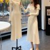 Korean One-Shoulder Knit Sweater Dress - Slim Fit, Waist-Cinched, Autumn/Winter Fashion, Long Length