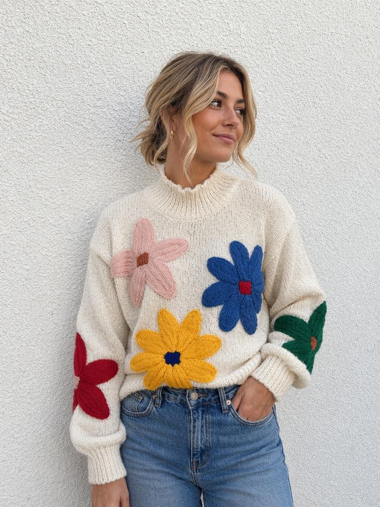 Women`s three-dimensional colored flower semi-turtleneck sweater