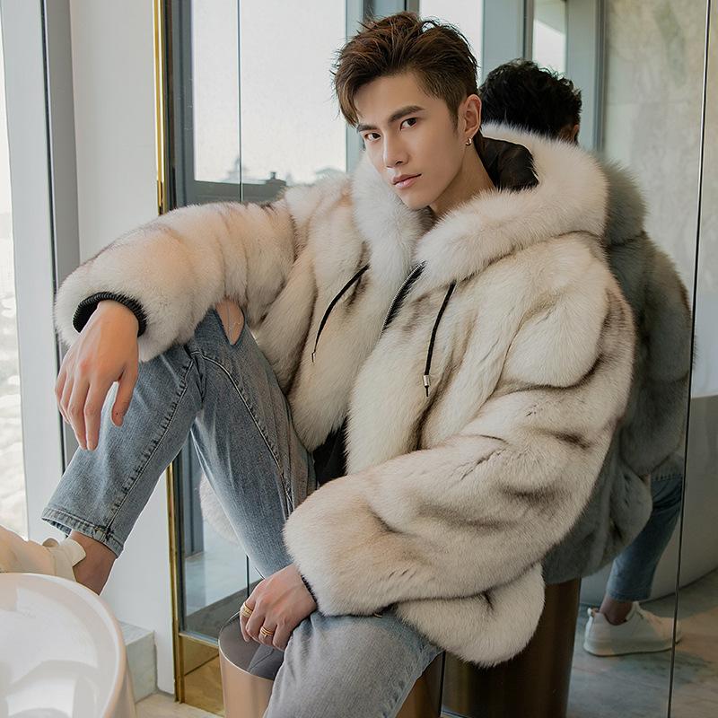 

New fox fur whole leather imitation fur coat men s fur integrated jacket coat hooded green popular 5xl природний