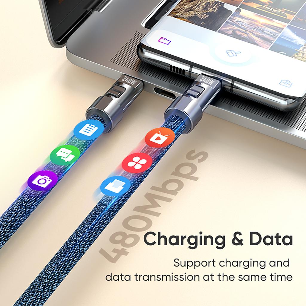 Phone Lanyard Cable 240W Fast Charging Type-C to Type-C Wire with Zinc Alloy Lock Smart Chip 120cm for Laptop Tablet Phone Data Sync