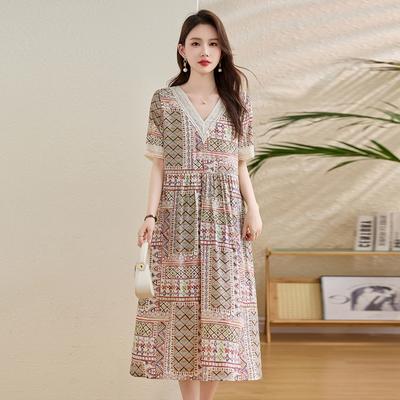 Retro-Druckkleid Damen Sommer Neues Designgefühl Lockerer Bauch und dünner Freizeitrock