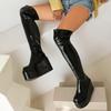 Krazing Pot PU Leather Spring Winter Keep Warm Shoes Super High Heels Waterproof Wedges Stretch Boots Zipper Women Over-the-knee Boots