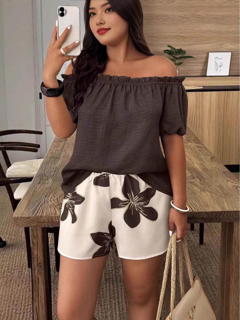 2026 European & American Cross-Border Summer Women's One-Shoulder Short Sleeve Shorts Set