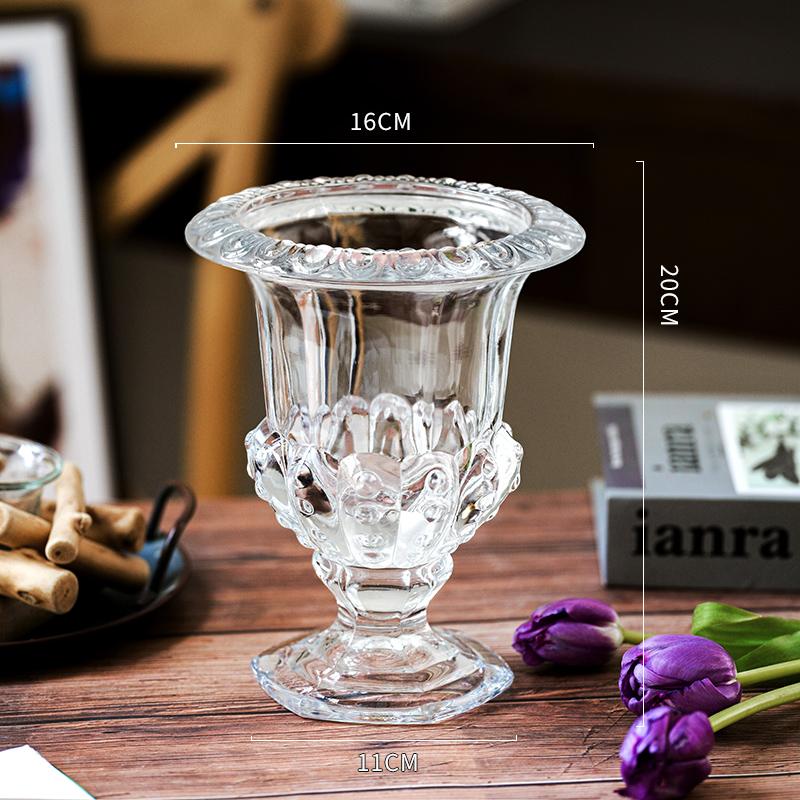 High-grade Transparent Glass Vase Ornaments French Retro Relief Feng Shui Culture Flowers Living Room Flower Arrangement