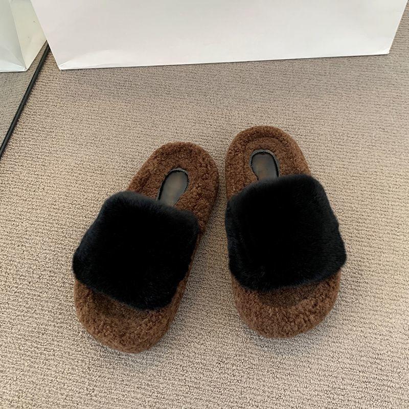 Fashion plush one-word cotton slippers 2025 autumn and winter new outer wear foreign style high value thin fluffy slippers women