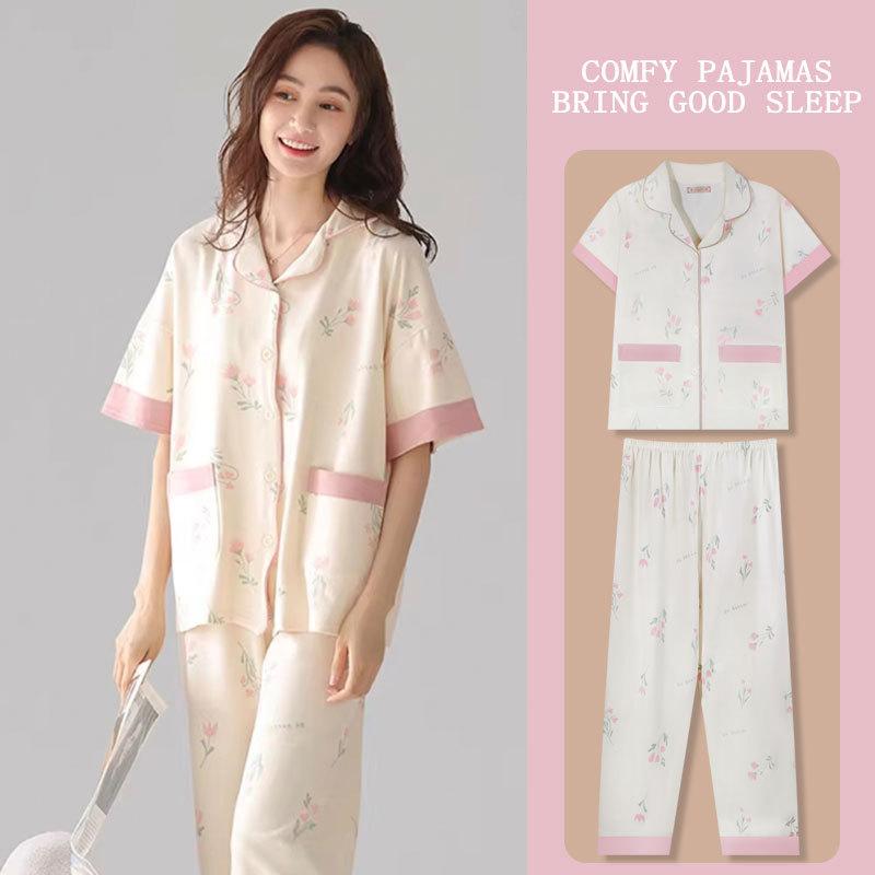Pajamas Female Cute Sweet Pink Flower Summer Cardigan Short Sleeve Trousers Fashion Versatile Loungewear