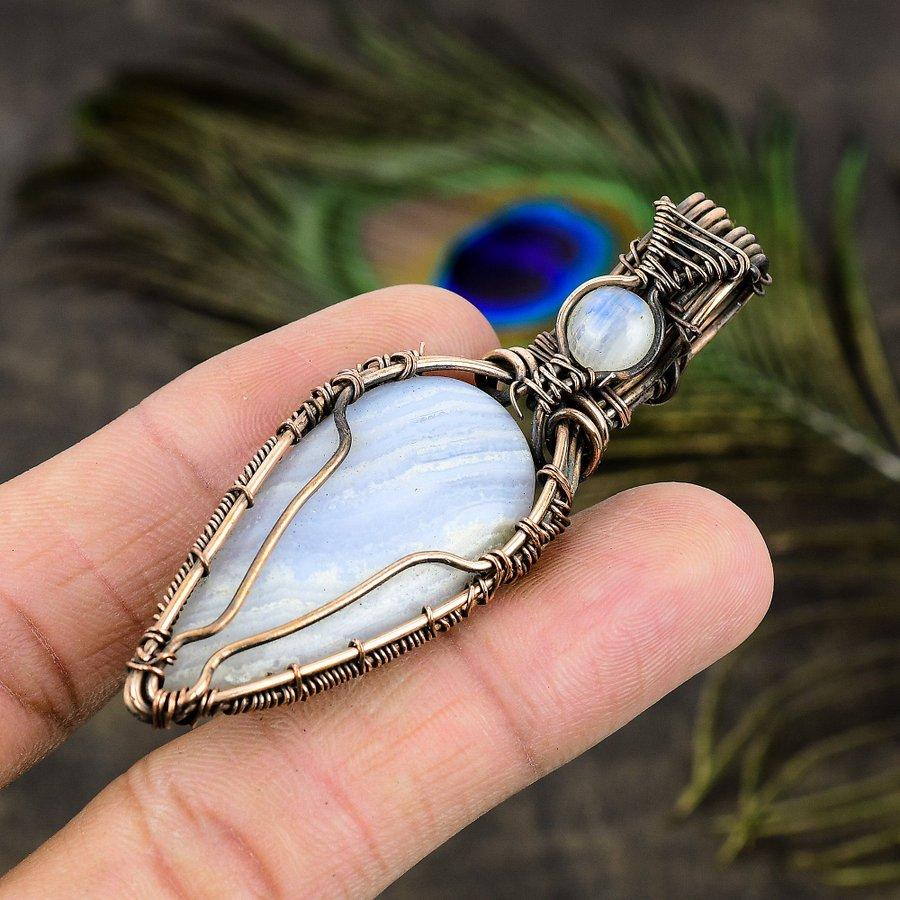 Blue Lace Agate, Moonstone Copper Wire Wrap Jewelry Pendant 2.76" P7a57