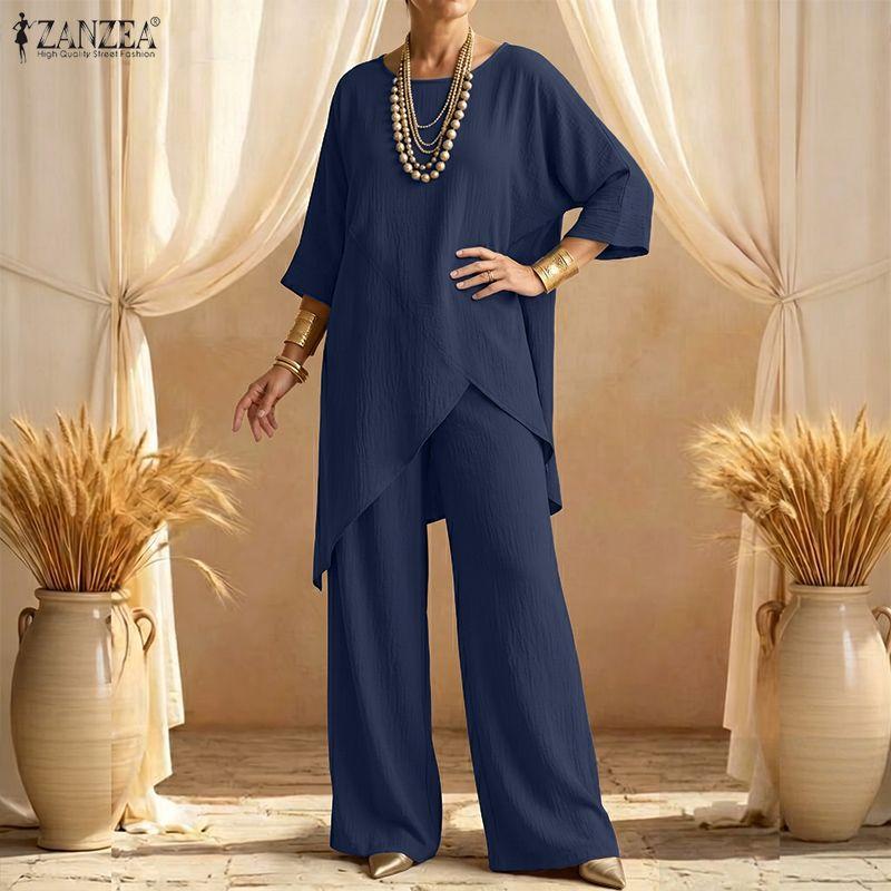 ZANZEA Womens Casual Two Piece Outfit Solid Color Asymmetric Tunic Tops and Wide Leg Pants Sets Loungewear Suits