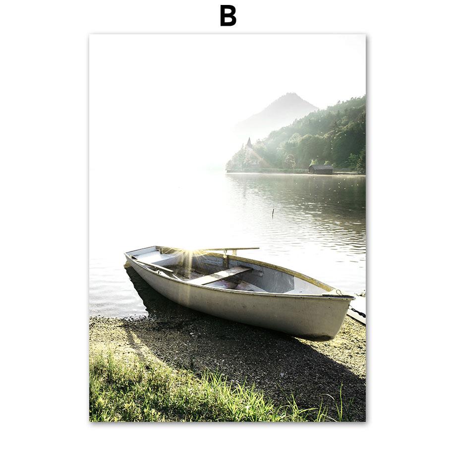 Green Tree Mountain River Boat Sunflower Wall Art Canvas Painting Nordic Posters And Prints Wall Pictures For Living Room Decor