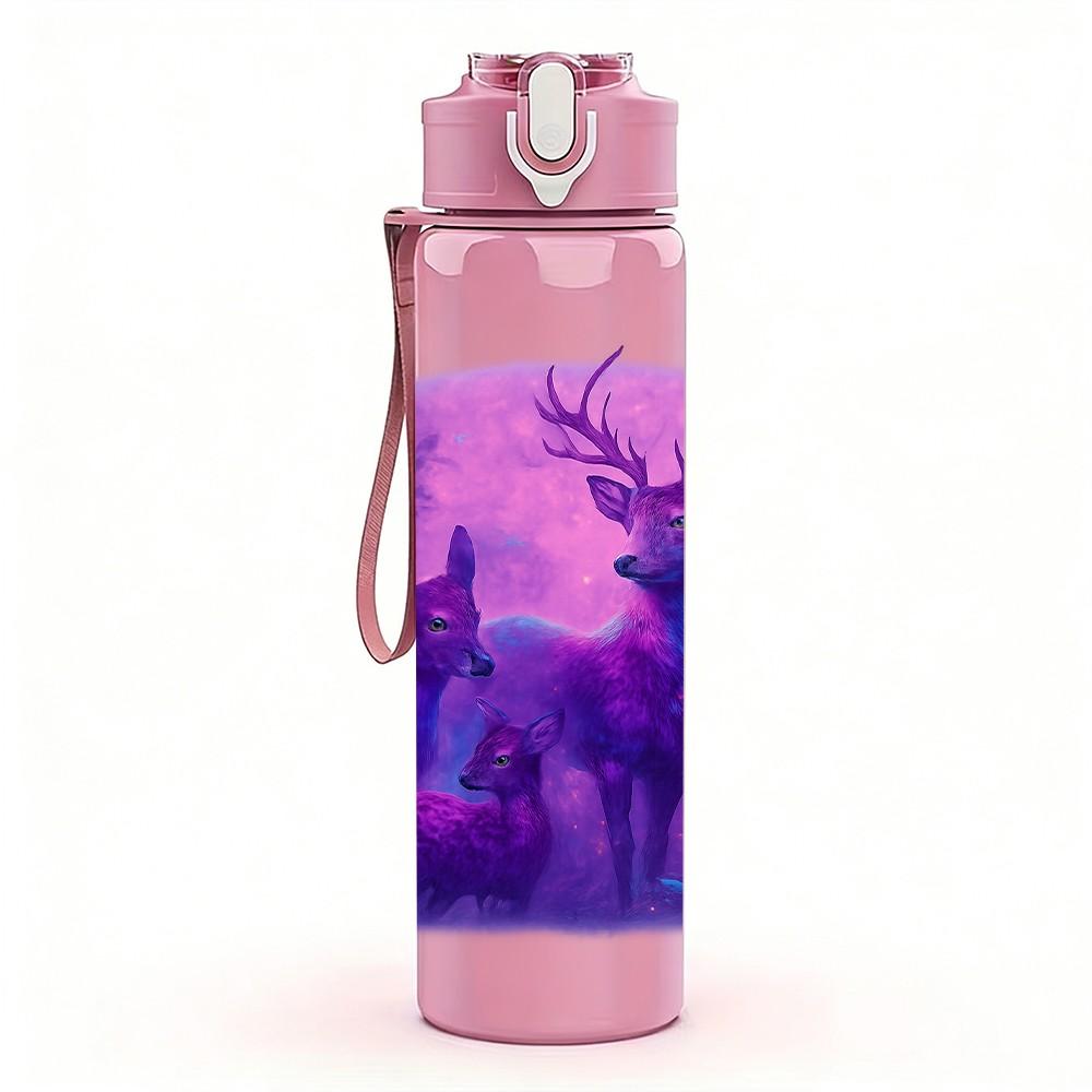 1PC Purple Silhouette Deer Forest Print 750ml Color Plastic Sports Water Bottle Leakproof Flip Straw Lid Suitable for Sports Office Home Use
