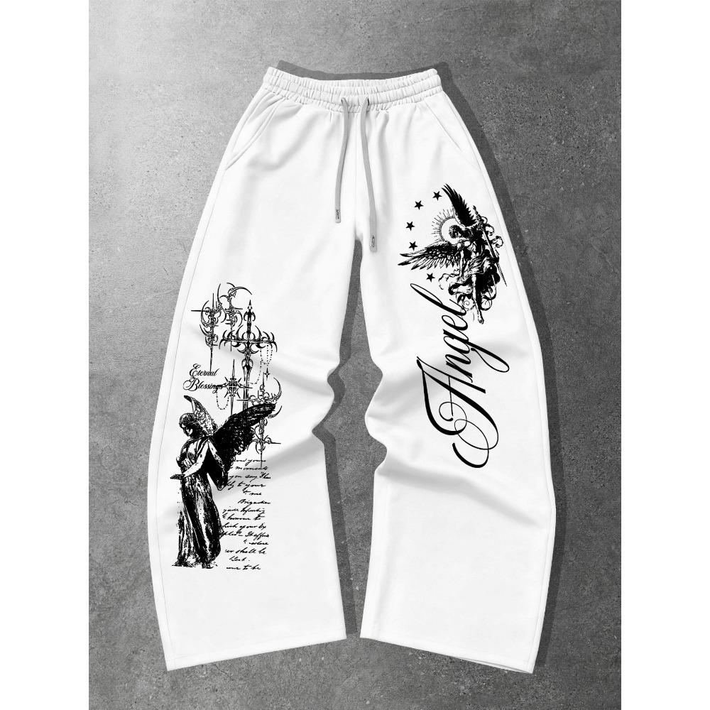 High Street Fashion Angel Letter Printed Wide Leg Pants Men's Retro Dark Style Loose Straight Leg Sports Pants