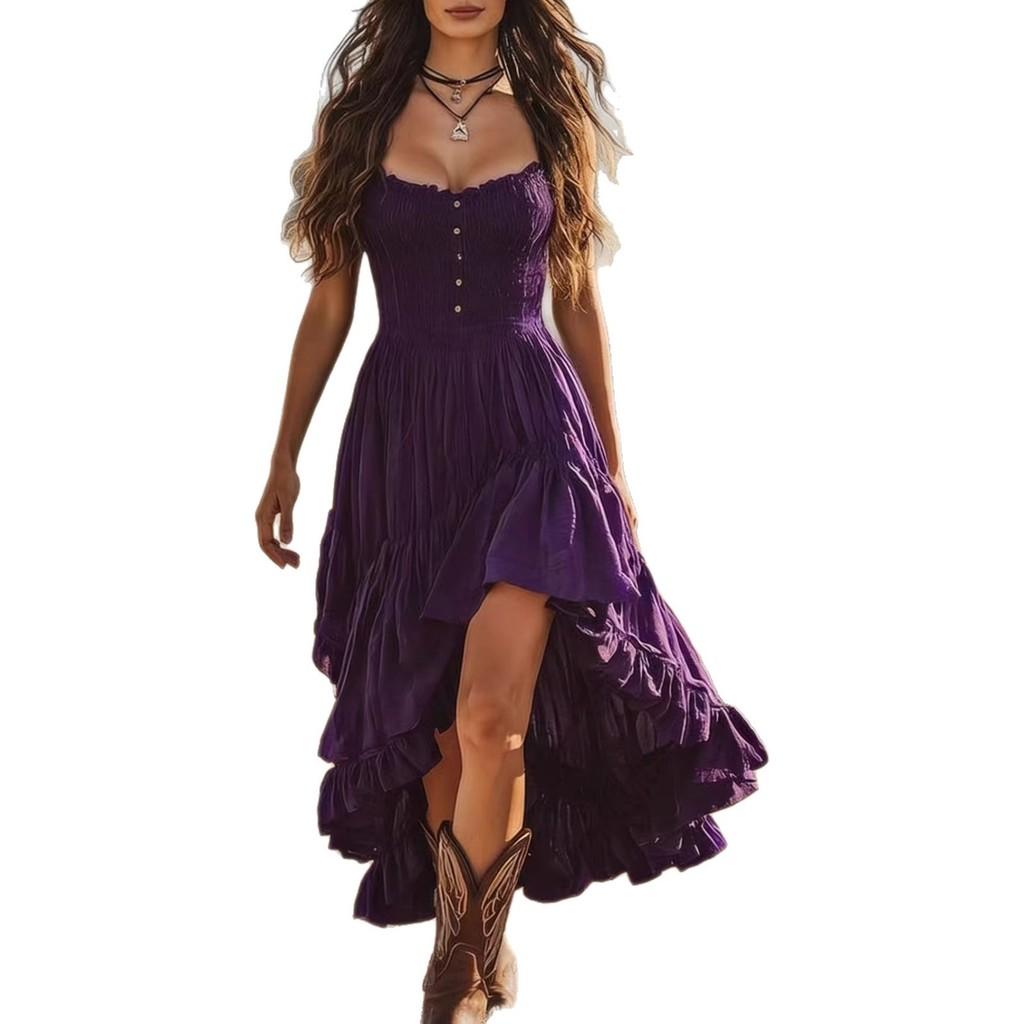 Vestido de Verano Estilo Bohemio con Dobladillo Fruncido y Falda Irregular para Salidas Casuales
