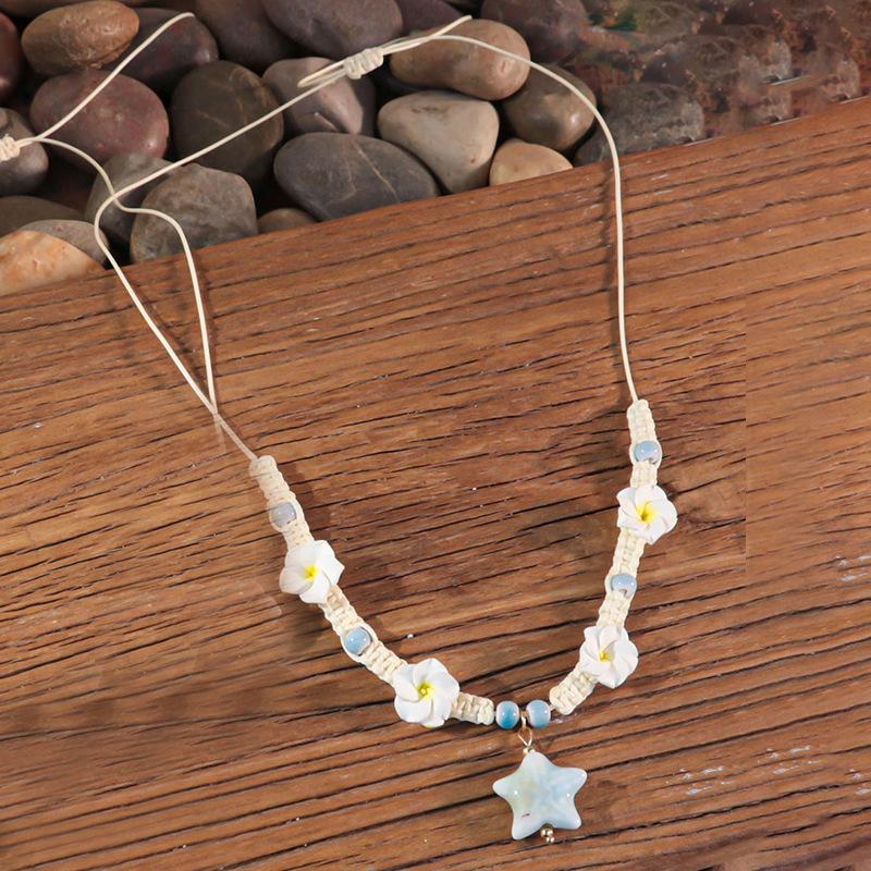 Ocean Elements Ceramic Starfish Turtle Necklace Bracelet Set, Three-dimensional Soft Pottery Flower Adjustable Weaving Jewelry