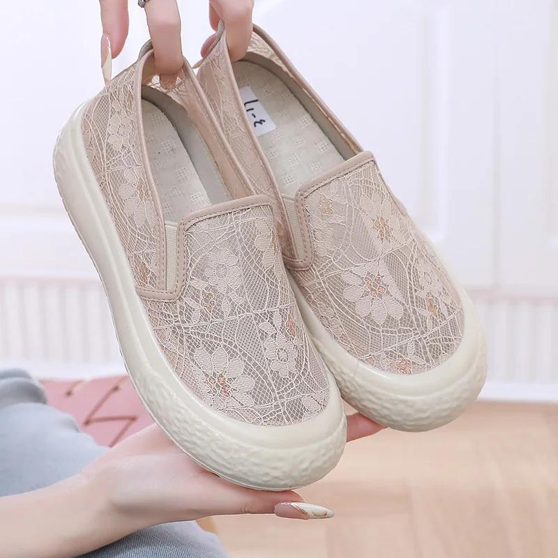 Fashion 2025 Summer Xiaoxiangfeng Fisherman Soft-soled Shoes Non-slip Women's Lace Mesh One-pedal Platform Mesh Shoes