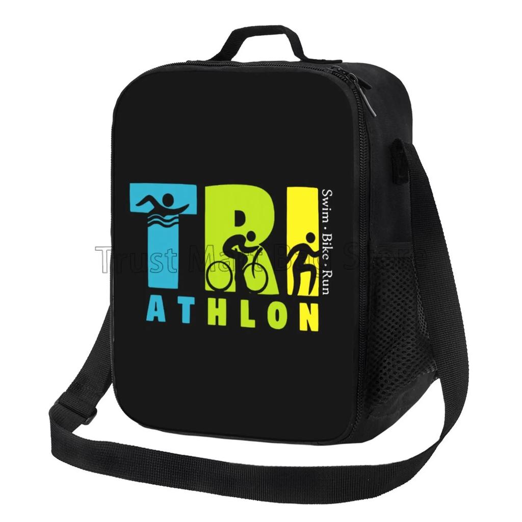 Swim Bike Run Pattern Insulated Lunch Bag Reusable Thermal Cooler Oxford Totes with Adjustable Strap for Travel Picnic
