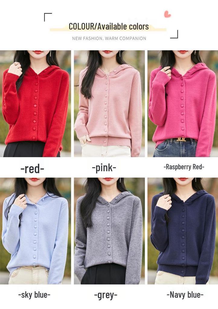 Women's Red Hooded Knit Cardigan - Autumn/Winter Fashion, Age-Reducing, Loose Slim Fit Sweater