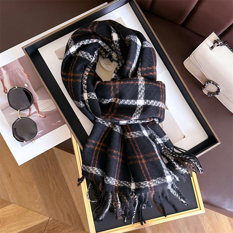 Winter Women Warm Scarf Cashmere Thicken Plaid Stripe Pattern Shawl Outdoor Travel Pashmina Neckerchief Foulard