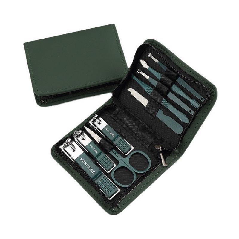 Dark Green Zipper Bag 6/9-Piece Beauty Set: Nail Clippers, Eyebrow Trimmer, Tweezers, Ear Spoon.