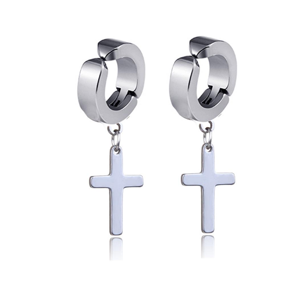 WKOUD 2PCS Stainless Steel No Piercing Cross For Men Kpop Clip On Cross Earring Gothic Punk Fake Ear Cuff Cross Earring Dangle