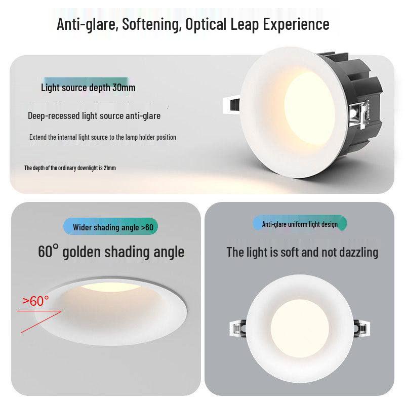 Frameless 75mm LED Downlight, Deep Anti-Glare, Eye-Protective Spotlight for Living Rooms.