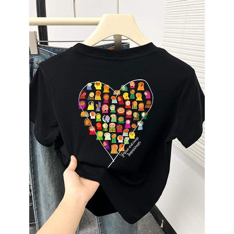 

2024 Summer Women s Petite Cartoon Print Round Neck Short Sleeve Korean Style Slimming Top S темно-синього кольору