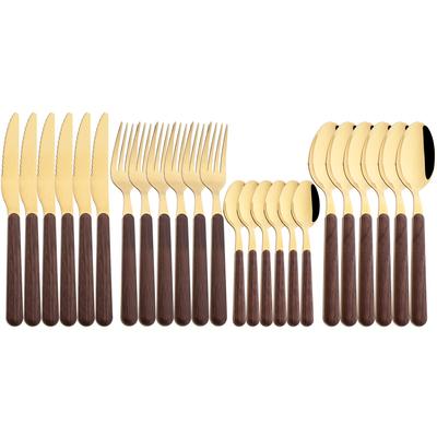 24Pcs Knife Fork Tea Spoon Tableware Wooden Handle Cutlery Set Glossy Dinnerware Stainless Steel Silverware Kitchen Flatware