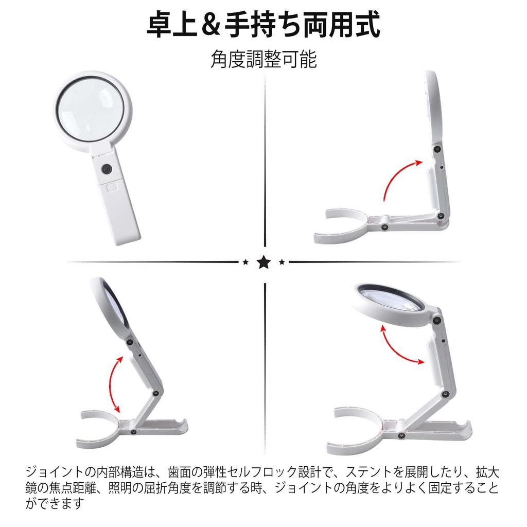 Stolní a ruční lupa 5x a 11x Lupa se stojánkem s 8 LED 75mm čočkou Sklo s vysoce nastavitelným úhlem, Zvětšení, Světla, Dvouúrovňové stmívání,