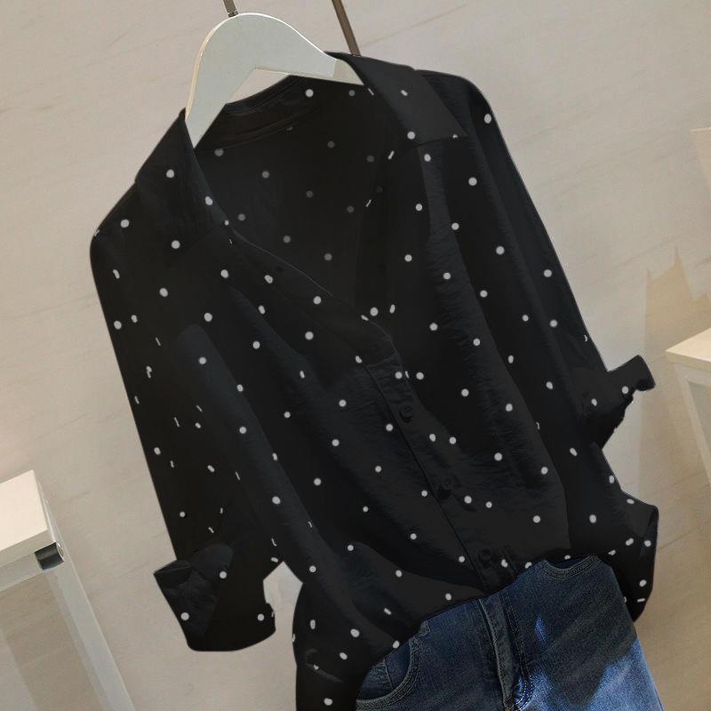 Mote Casual Vår Høst Polkadotter Trykk Langermet POLO Hals Bluser & Skjorter for Kvinner