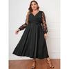 Langärmliges Kleid mit Netzstoff-Print für Damen, gekreuzter Wickelrock, gerüschter V-Ausschnitt, Taillenbund, langes Kleid, Party- und Hochzeitsgastkleid, lockeres und elegantes Sommerkleid