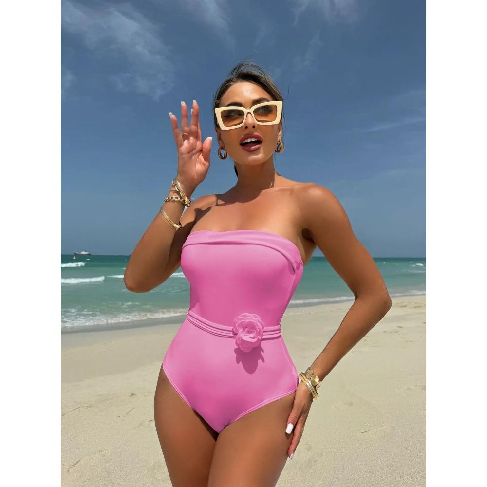 Sexy Bandeau One Piece Swimsuit 2026 Women White Black 3D Flower Rose Bandage Cross Slim Fit Bathing Suit Tummy Control Swimwear